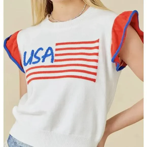 USA Red white blue flag 4th of July Sweater ruffle Pullover By Main Strip L NWT - Picture 1 of 12